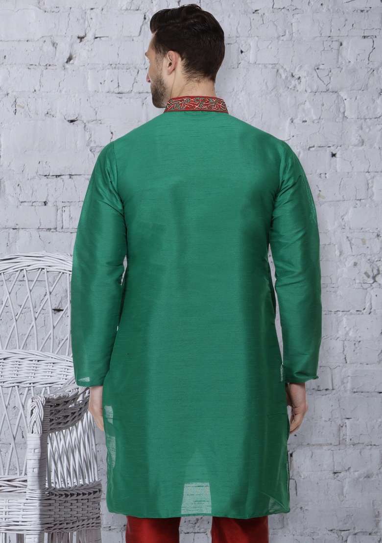 Green Embroidery Sequins Work Dupion Silk Blend Kurta For Men - Indya