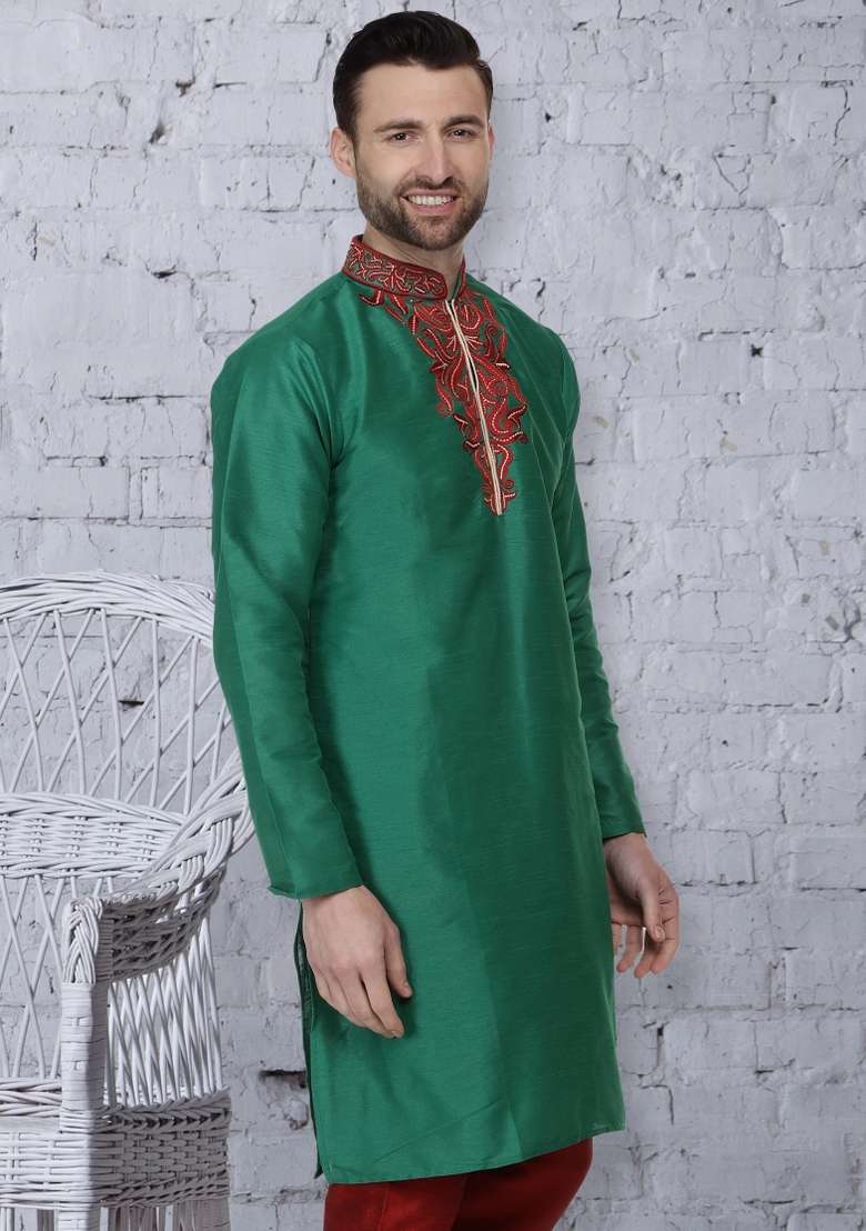 Green Embroidery Sequins Work Dupion Silk Blend Kurta For Men - Indya