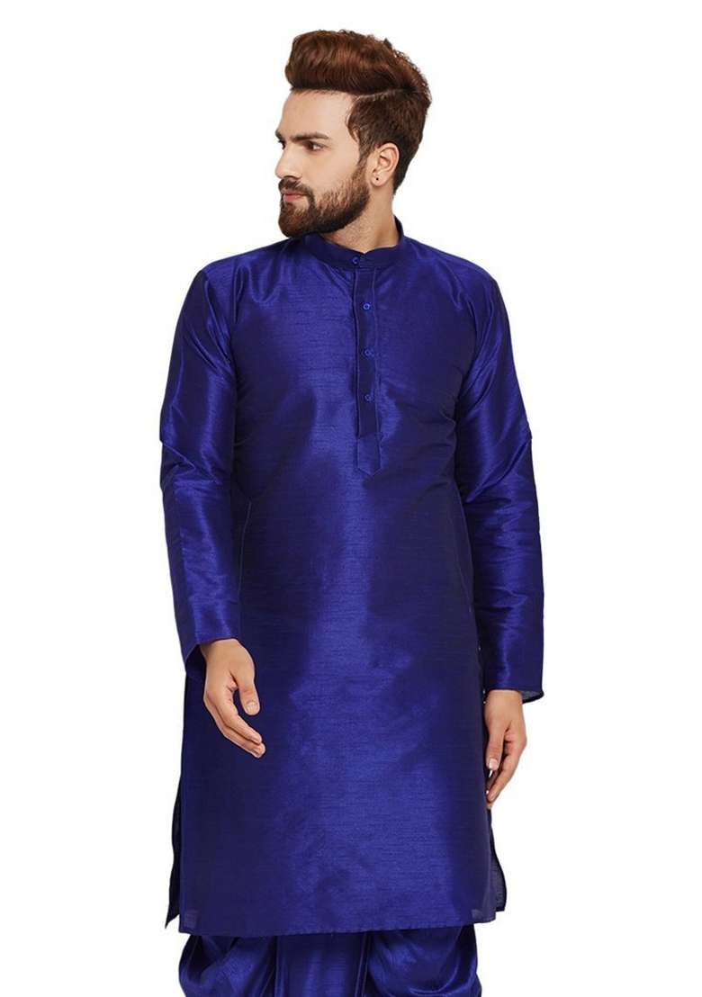 Royal Blue Embroidery Sequins Work Dupion Silk Blend Kurta For Men - Indya