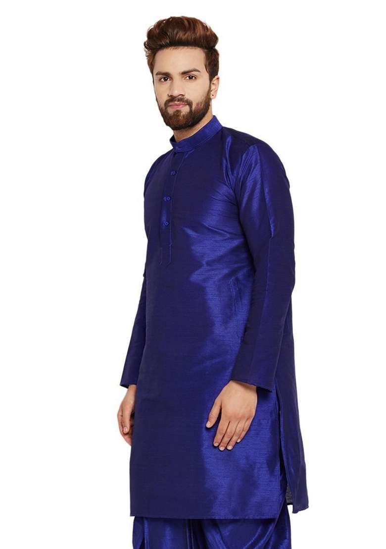 Royal Blue Embroidery Sequins Work Dupion Silk Blend Kurta For Men - Indya