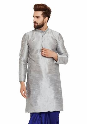 Steel Grey Embroidery Sequins Work Dupion Silk Blend Kurta For Men
