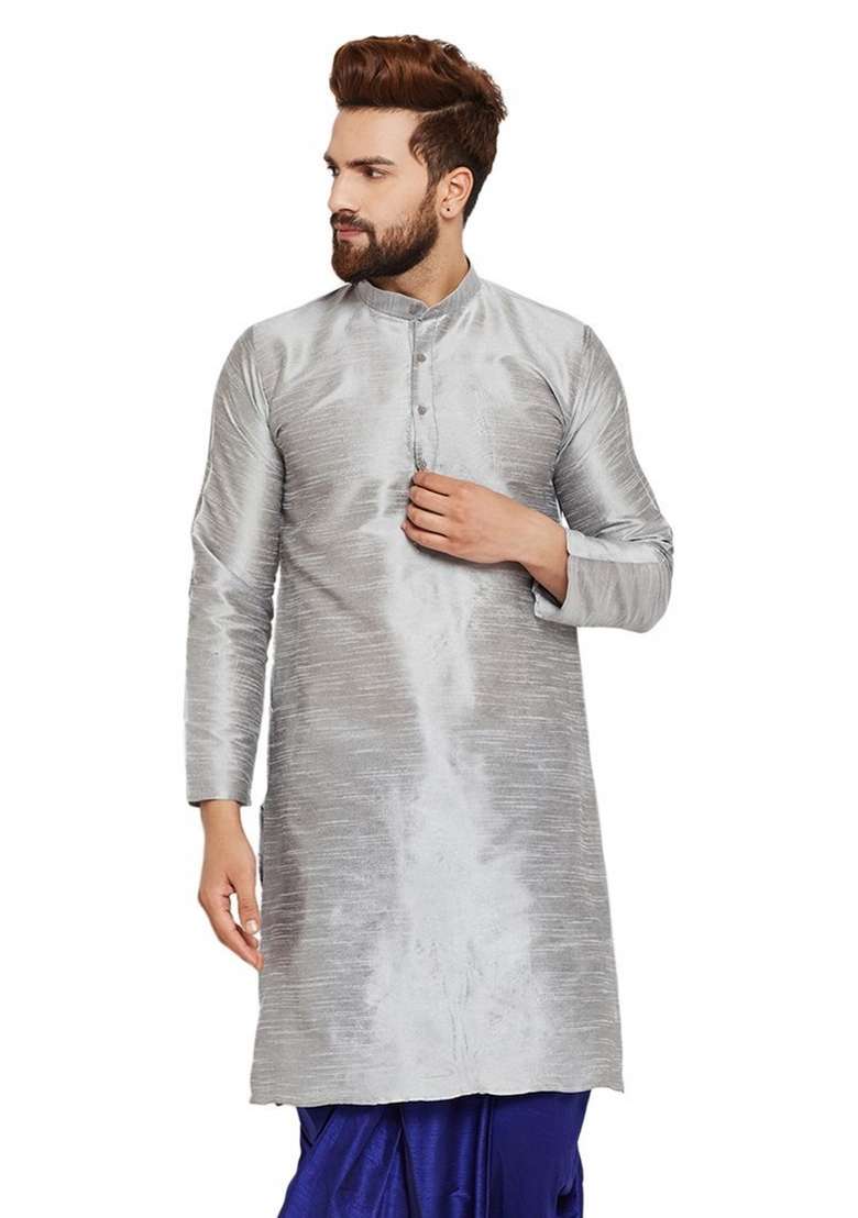 Steel Grey Embroidery Sequins Work Dupion Silk Blend Kurta For Men - Indya