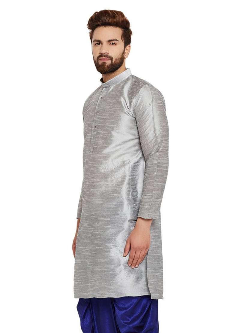 Steel Grey Embroidery Sequins Work Dupion Silk Blend Kurta For Men - Indya