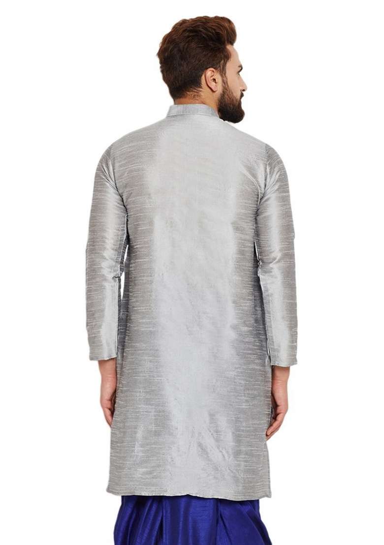 Steel Grey Embroidery Sequins Work Dupion Silk Blend Kurta For Men - Indya