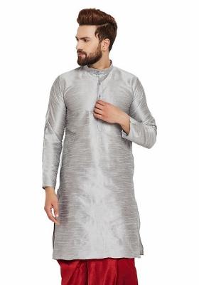 Steel Grey Embroidery Sequins Work Dupion Silk Blend Kurta For Men