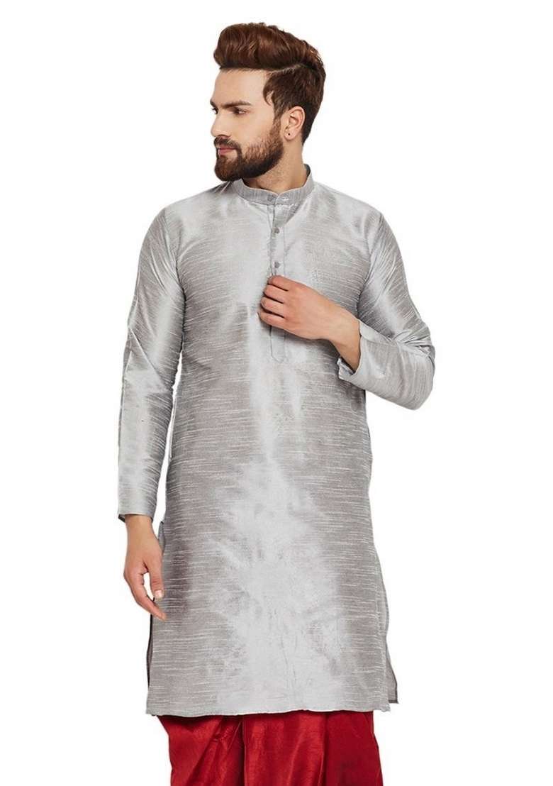Steel Grey Embroidery Sequins Work Dupion Silk Blend Kurta For Men - Indya