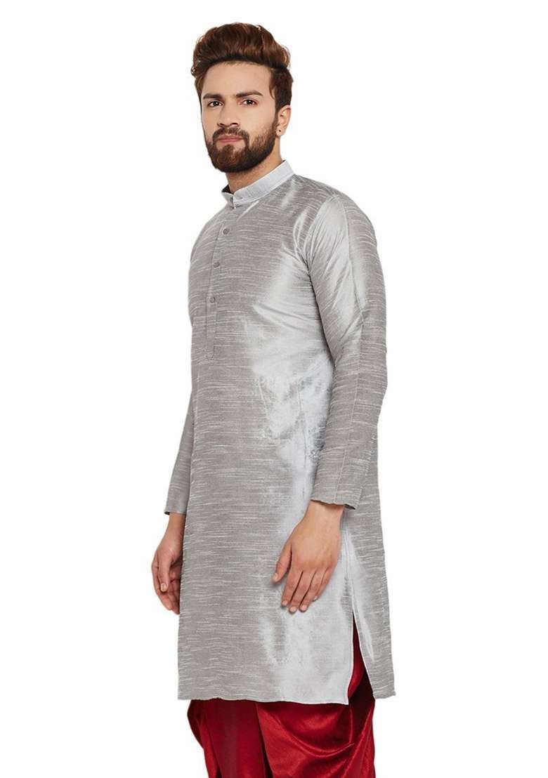 Steel Grey Embroidery Sequins Work Dupion Silk Blend Kurta For Men - Indya