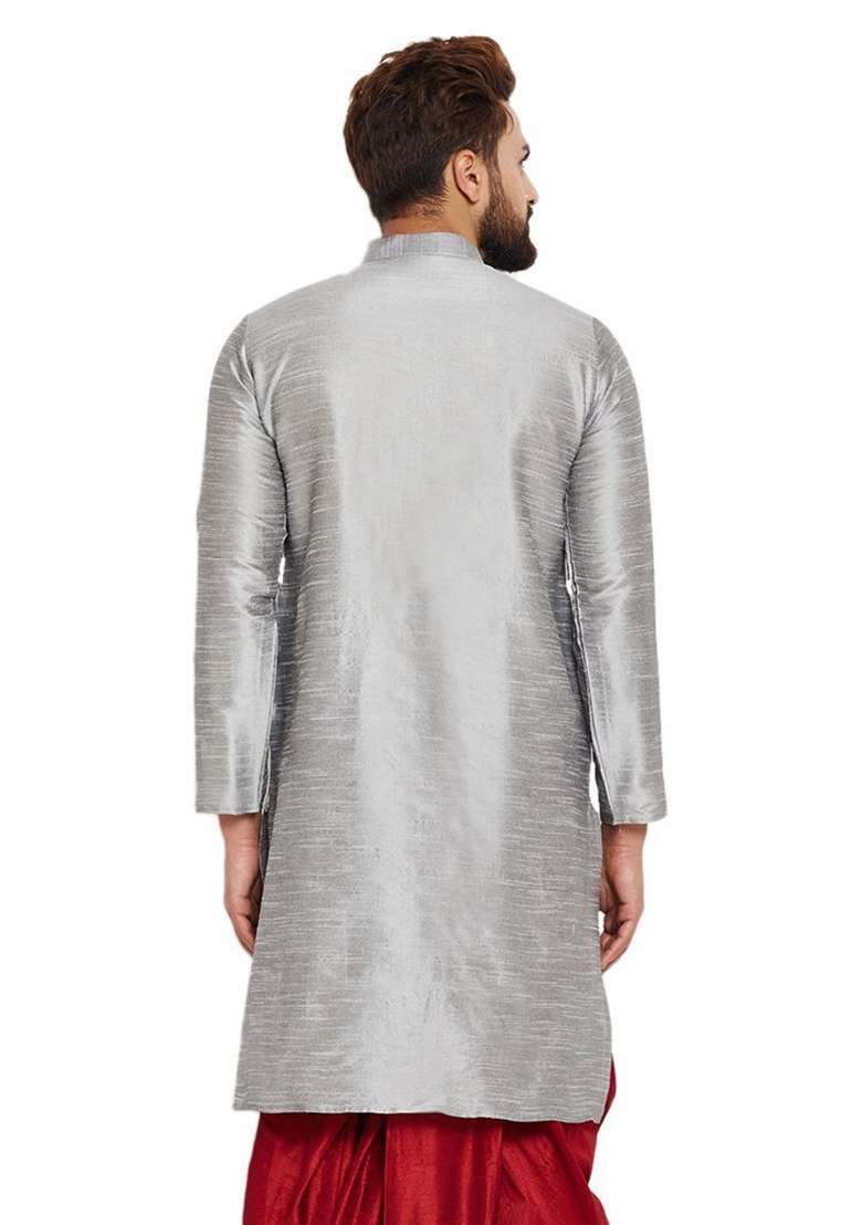 Steel Grey Embroidery Sequins Work Dupion Silk Blend Kurta For Men - Indya