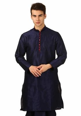 Navy Blue Embroidery Sequins Work Dupion Silk Kurta For Men