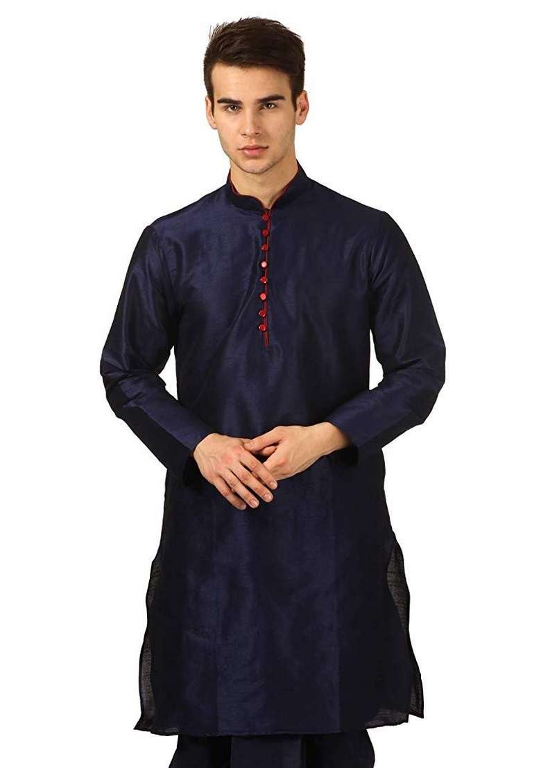Navy Blue Embroidery Sequins Work Dupion Silk Blend Kurta For Men - Indya