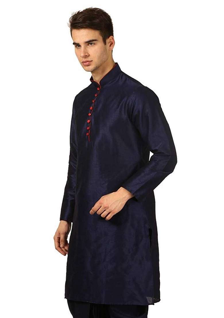 Navy Blue Embroidery Sequins Work Dupion Silk Blend Kurta For Men - Indya