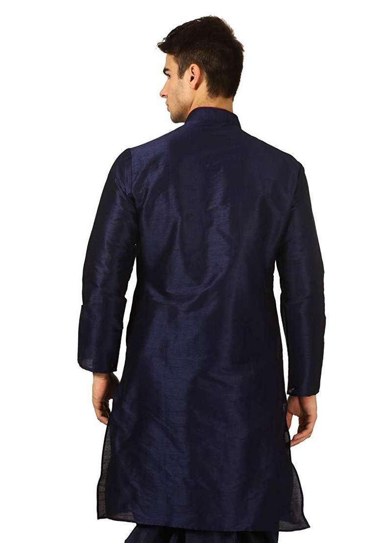 Navy Blue Embroidery Sequins Work Dupion Silk Blend Kurta For Men - Indya