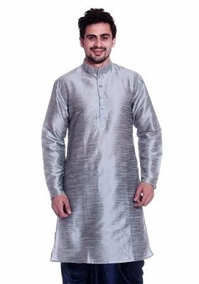 Steel Grey Embroidery Sequins Work Dupion Silk Blend Kurta For Men