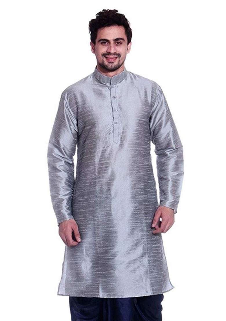 Steel Grey Embroidery Sequins Work Dupion Silk Blend Kurta For Men - Indya