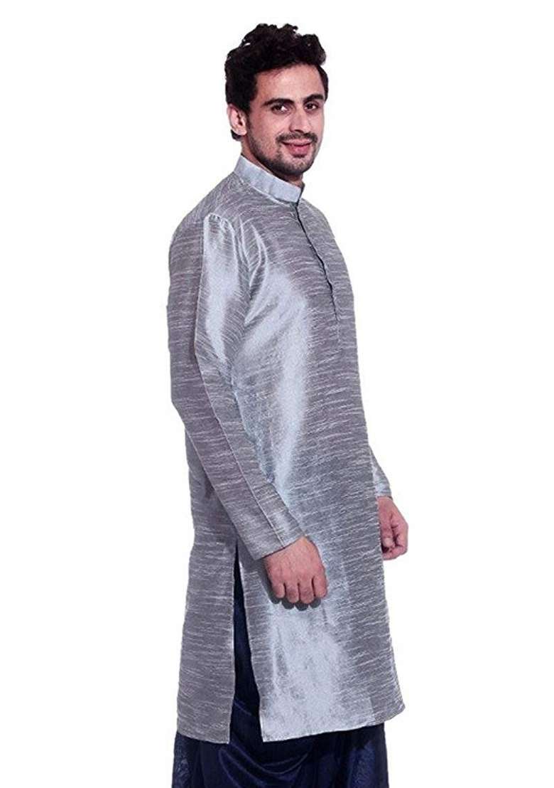 Steel Grey Embroidery Sequins Work Dupion Silk Blend Kurta For Men - Indya