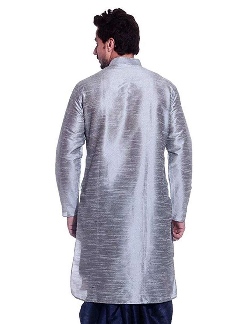 Steel Grey Embroidery Sequins Work Dupion Silk Blend Kurta For Men - Indya
