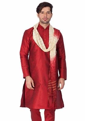 Maroon Embroidery Sequins Work Dupion Silk Blend Kurta For Men