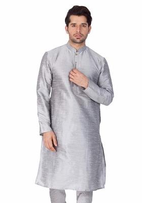 Steel Grey Embroidery Sequins Work Dupion Silk Blend Kurta For Men