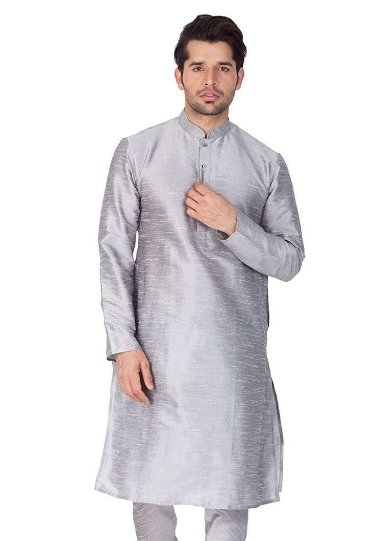 Steel Grey Embroidery Sequins Work Dupion Silk Blend Kurta For Men - Indya