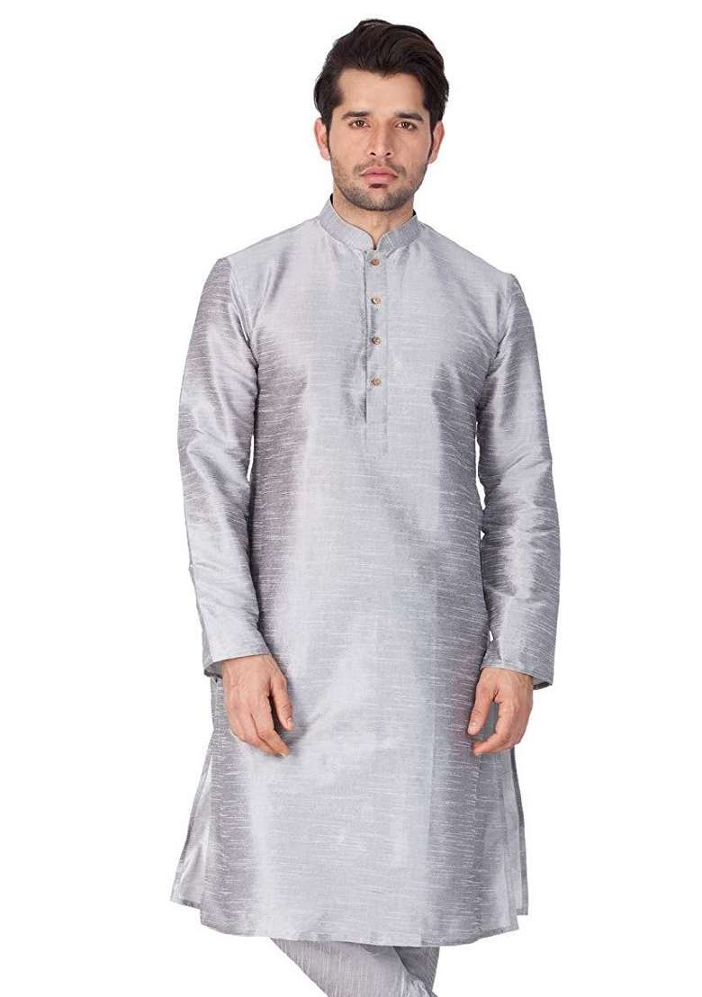 Steel Grey Embroidery Sequins Work Dupion Silk Blend Kurta For Men - Indya