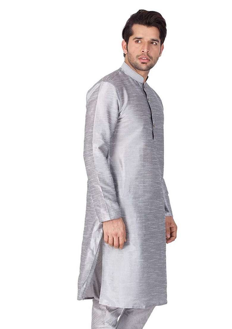 Steel Grey Embroidery Sequins Work Dupion Silk Blend Kurta For Men - Indya