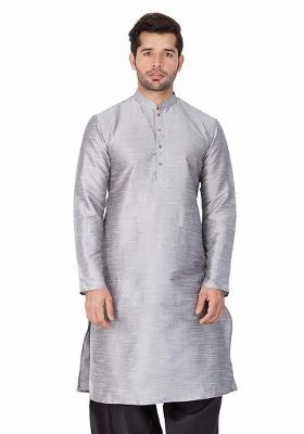 Steel Grey Embroidery Sequins Work Dupion Silk Blend Kurta For Men
