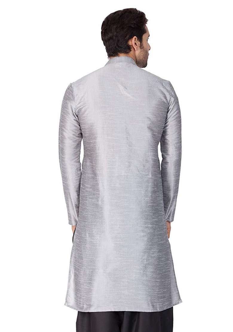 Steel Grey Embroidery Sequins Work Dupion Silk Blend Kurta For Men - Indya