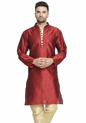 Maroon Embroidery Sequins Work Dupion Silk Blend Kurta For Men