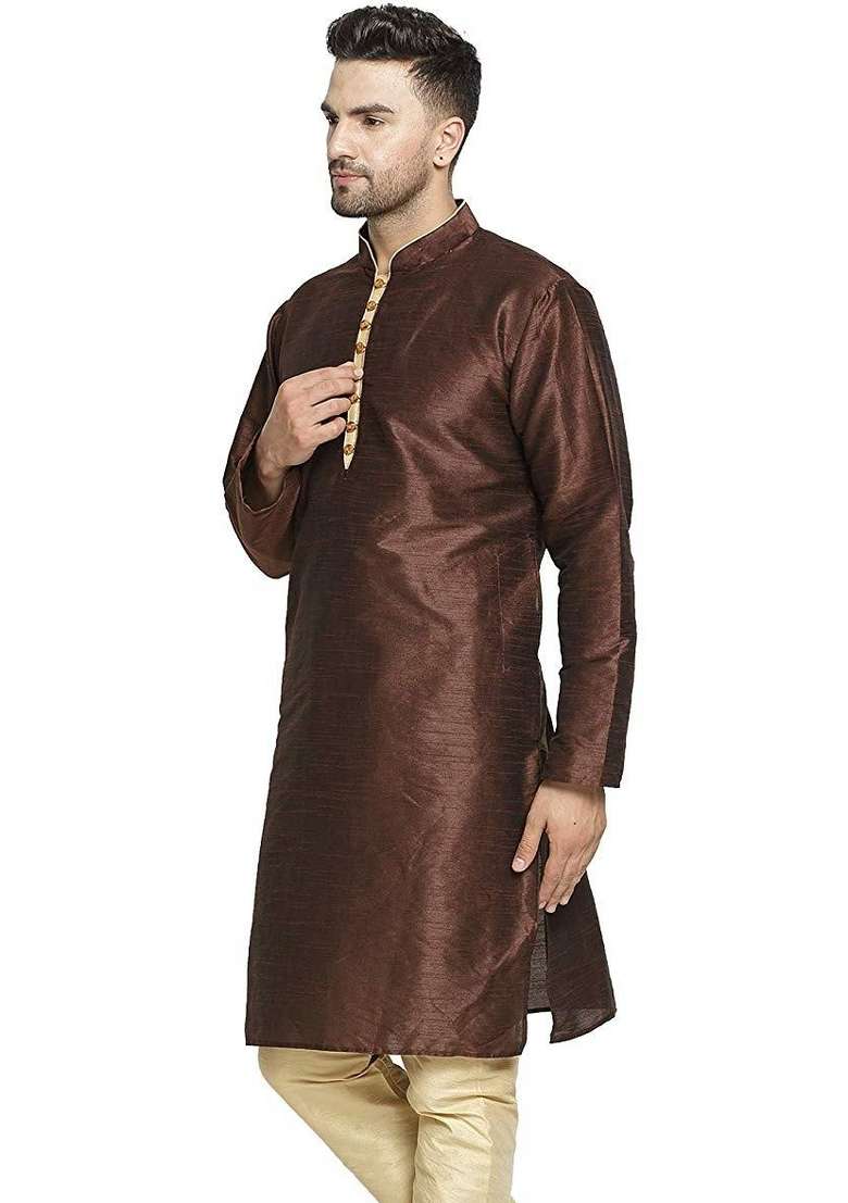 Brown Embroidery Sequins Work Dupion Silk Blend Kurta For Men - Indya