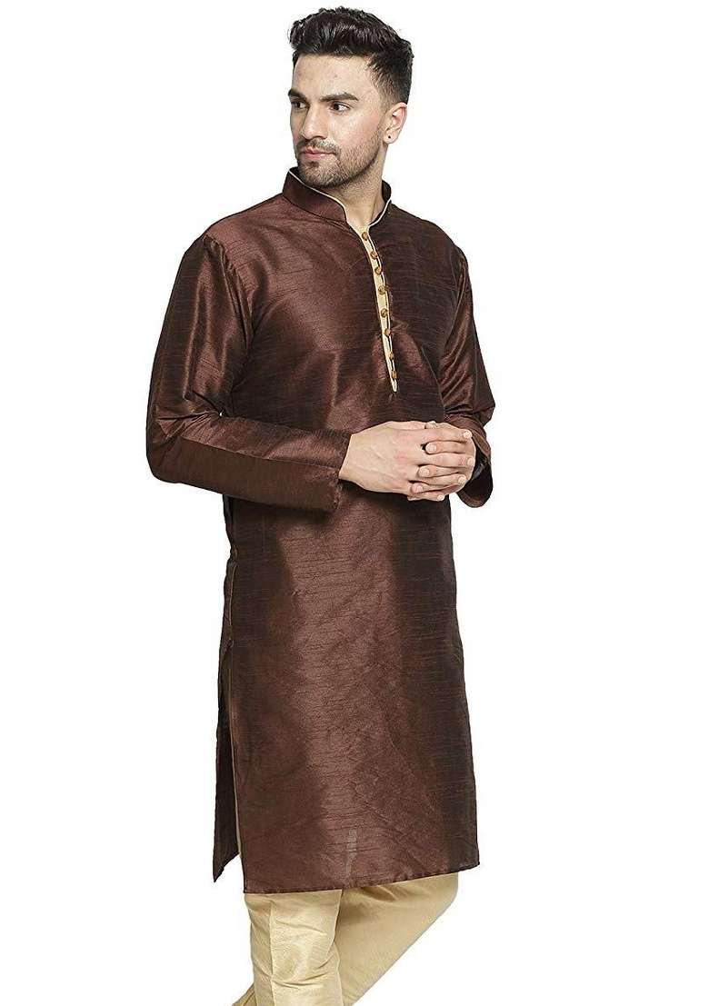 Brown Embroidery Sequins Work Dupion Silk Blend Kurta For Men - Indya