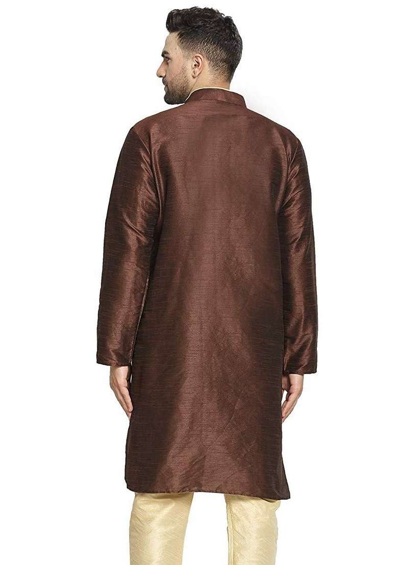 Brown Embroidery Sequins Work Dupion Silk Blend Kurta For Men - Indya