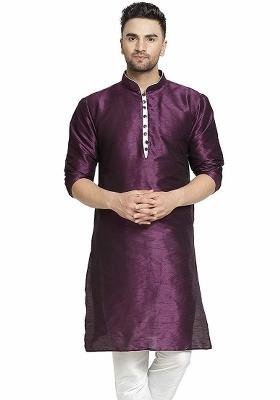 Purple Embroidery Sequins Work Dupion Silk Kurta For Men