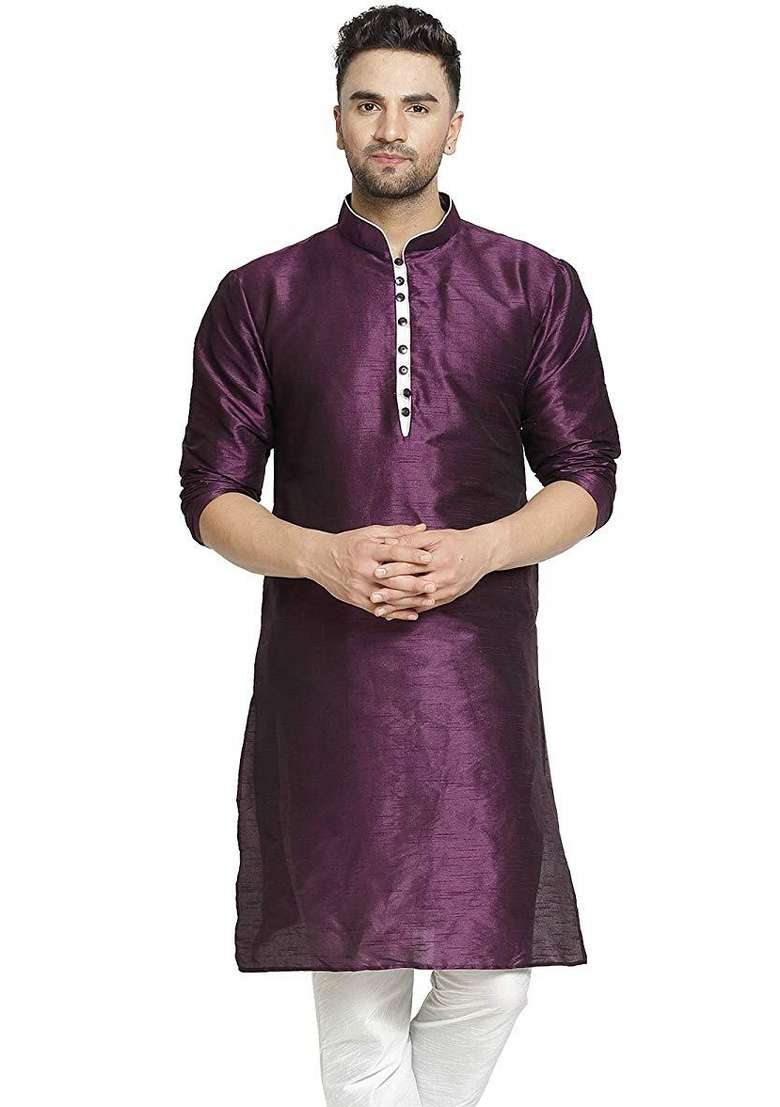 Purple Embroidery Sequins Work Dupion Silk Kurta For Men - Indya