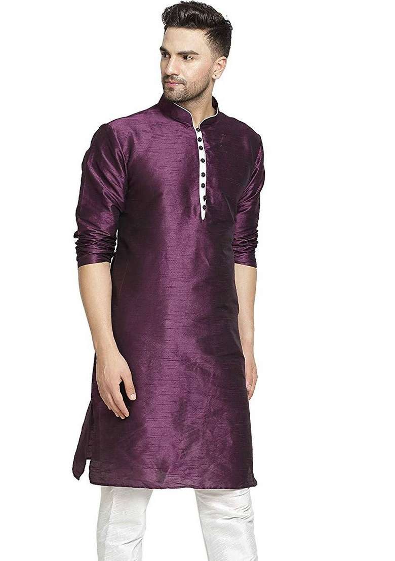 Purple Embroidery Sequins Work Dupion Silk Kurta For Men - Indya