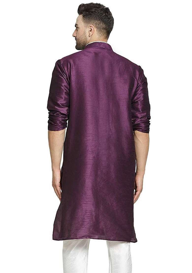Purple Embroidery Sequins Work Dupion Silk Kurta For Men - Indya