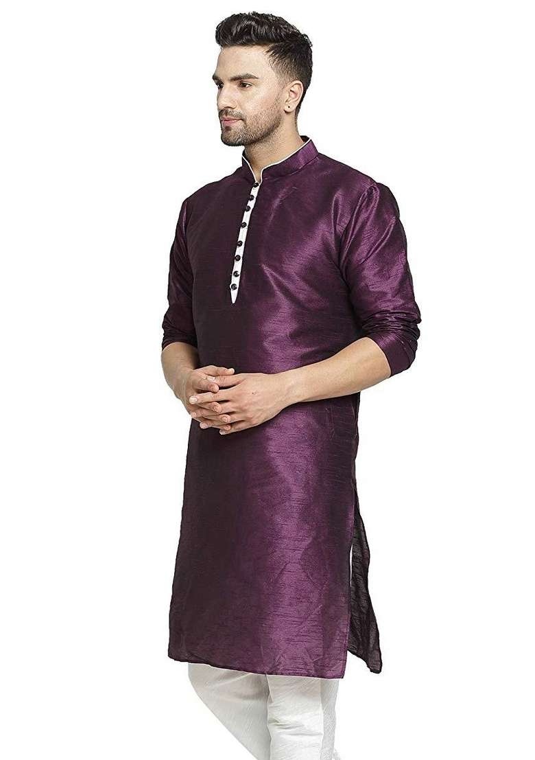 Purple Embroidery Sequins Work Dupion Silk Kurta For Men - Indya