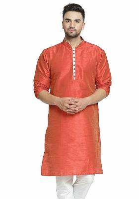 Rust Embroidery Sequins Work Dupion Silk Kurta For Men