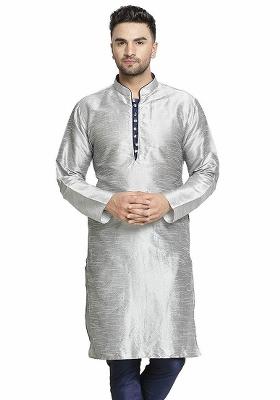 Grey Embroidery Sequins Work Dupion Silk Blend Kurta For Men