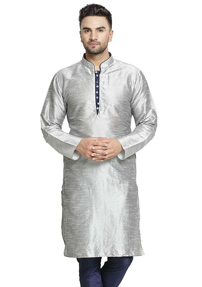 Grey Embroidery Sequins Work Dupion Silk Blend Kurta For Men - Indya