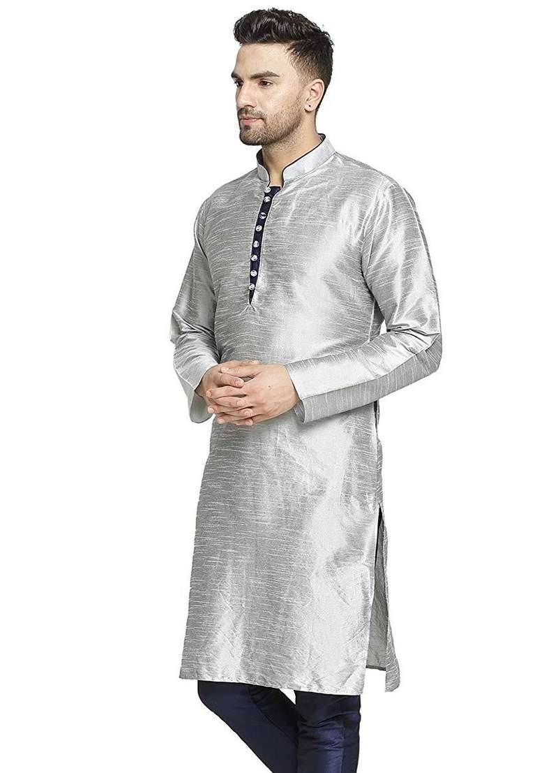 Grey Embroidery Sequins Work Dupion Silk Blend Kurta For Men - Indya