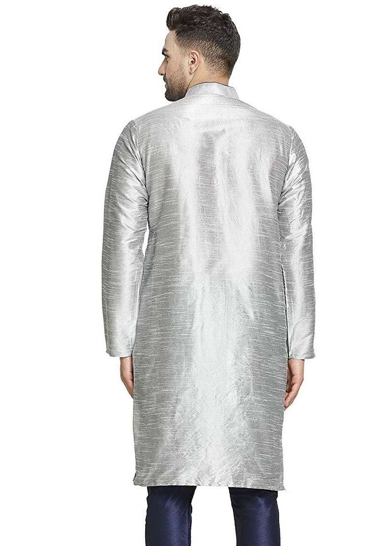 Grey Embroidery Sequins Work Dupion Silk Blend Kurta For Men - Indya