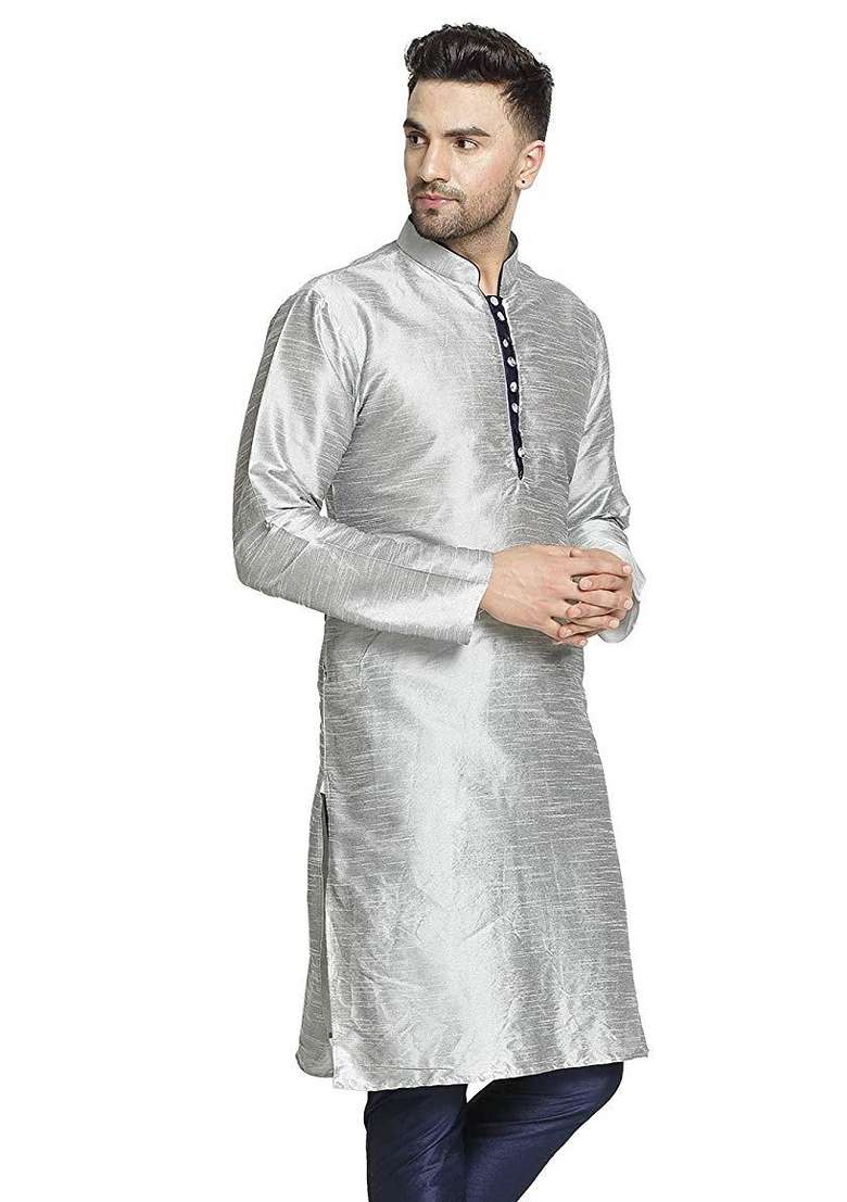 Grey Embroidery Sequins Work Dupion Silk Blend Kurta For Men - Indya