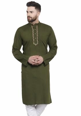 Green Embroidery Sequins Work Dupion Silk Blend Kurta For Men