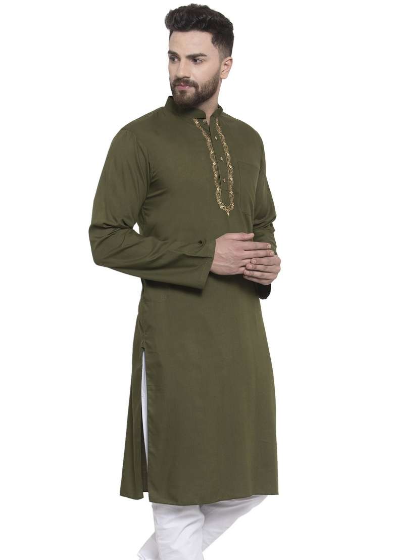 Green Embroidery Sequins Work Dupion Silk Blend Kurta For Men - Indya
