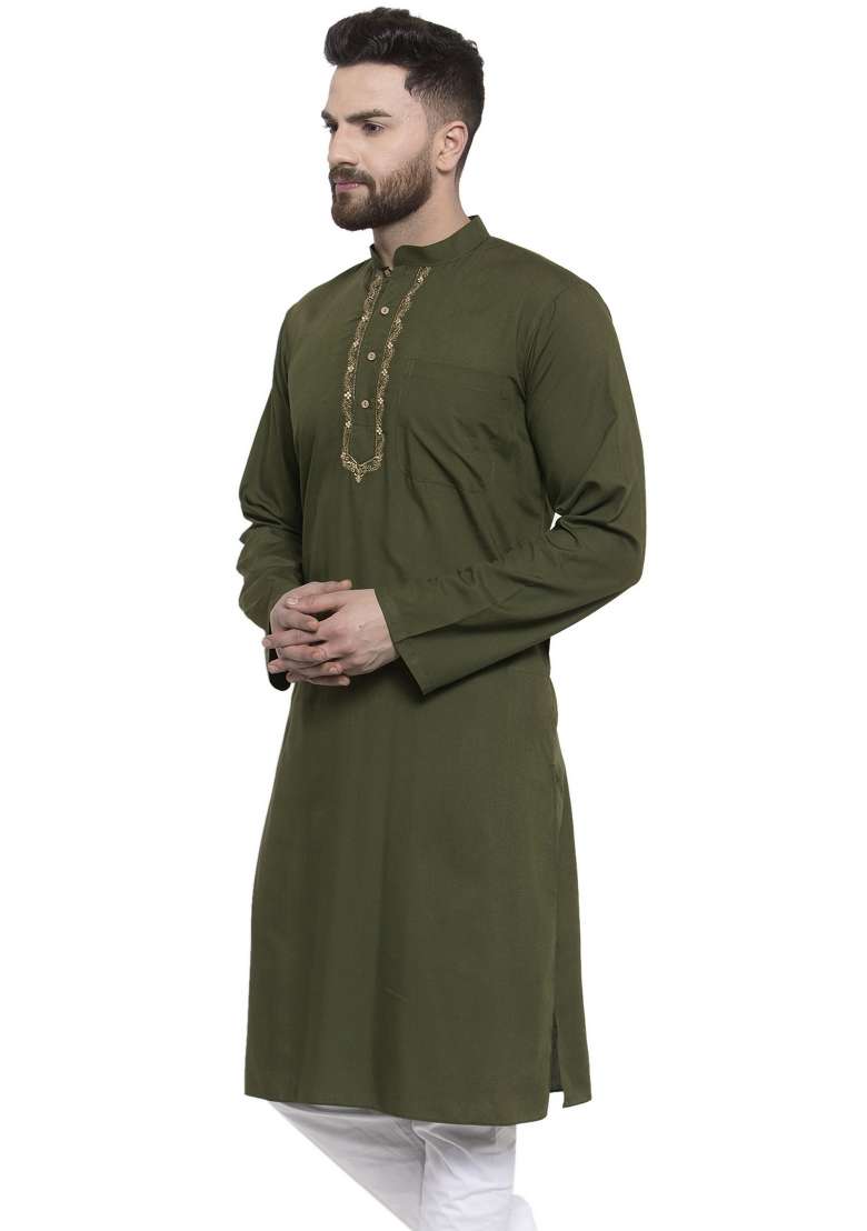 Green Embroidery Sequins Work Dupion Silk Blend Kurta For Men - Indya