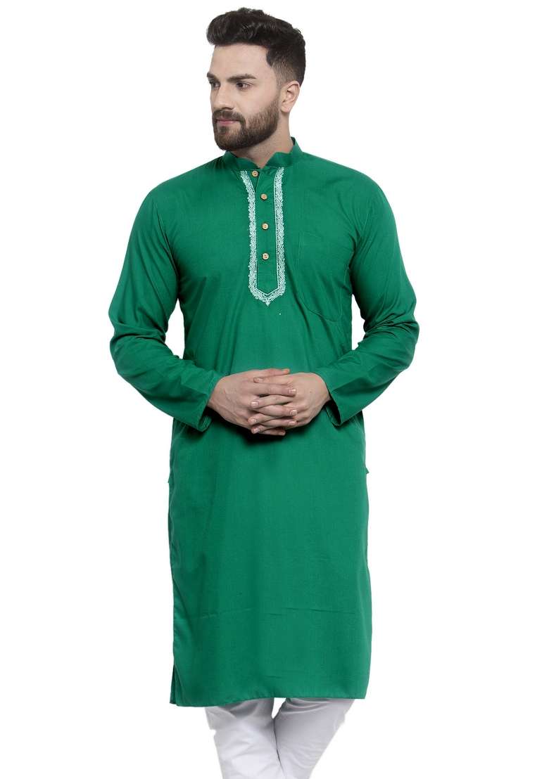 Green Embroidery Sequins Work Dupion Silk Blend Kurta For Men - Indya