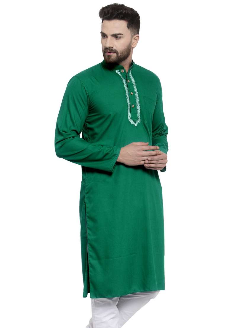 Green Embroidery Sequins Work Dupion Silk Blend Kurta For Men - Indya
