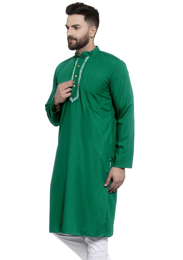 Green Embroidery Sequins Work Dupion Silk Blend Kurta For Men - Indya