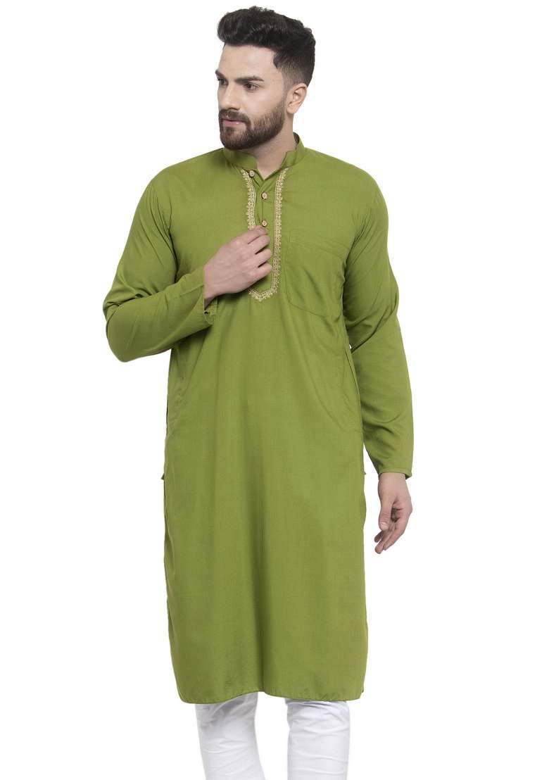 Green Embroidery Sequins Work Dupion Silk Blend Kurta For Men - Indya