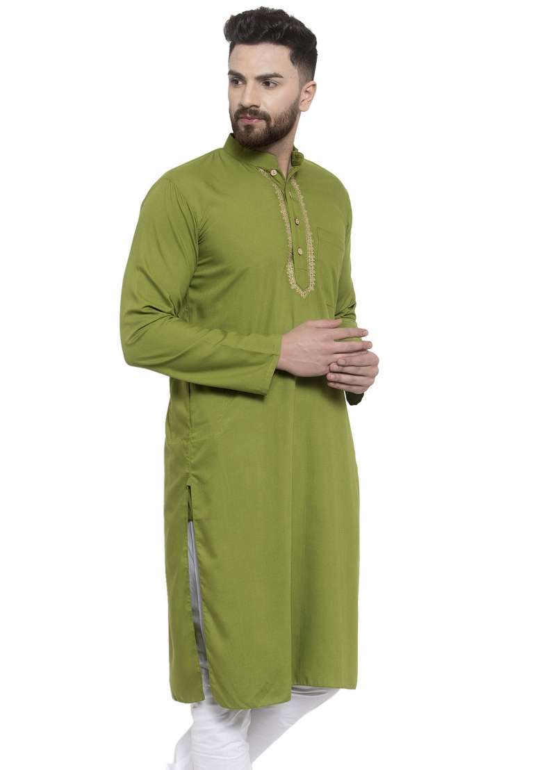 Green Embroidery Sequins Work Dupion Silk Blend Kurta For Men - Indya